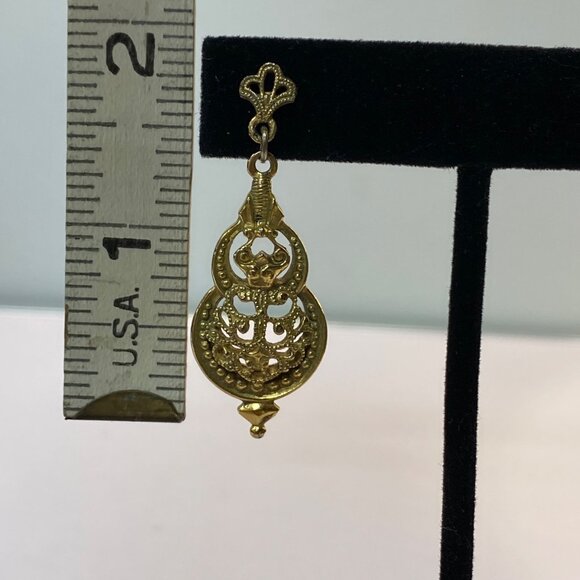Gold-Tone Filigree Dangle Earrings With Ornate Design & Fleur De Lis Accents - Picture 10 of 10